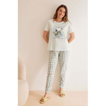 women'secret pijamale de bumbac Snoopy culoarea verde, bumbac, 3137649