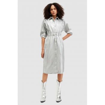 AllSaints rochie din bumbac OSA DENIM culoarea argintiu, midi, dreaptă, W080DA