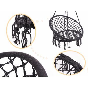 Leagan suspendat Ikonka, pentru interiorexterior, cu franghii din bumbac si cadru metalic, diametru 80 cm, sarcina maxima admisa 150 kg, Black