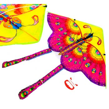 Zmeu pentru copii, Ikonka, din poliester, cu franghie 40 m si maner inclus, dimensiune 90 x 48 cm, Purple Butterfly