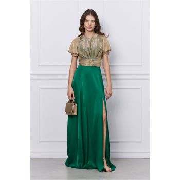 Rochie DY Fashion verde lunga cu bust din fir lurex si crepeu maxi ieftina la reducere