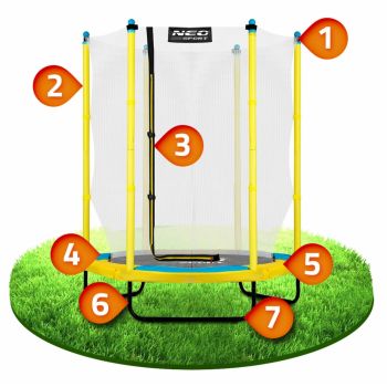Trambulina de gradina pentru copii 140 cm 4.5ft Neo-Sport Galben,Plasa interioara, Stalpi metalici cu protectie din burete, Intrare cu fermoar si catarama, Covoras impermeabil flexibil