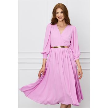Rochie Dy Fashion roz din voal cu bust petrecut si curea in talie ieftina la reducere