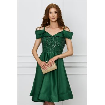 Rochie Ella Collection verde cu paiete la bust