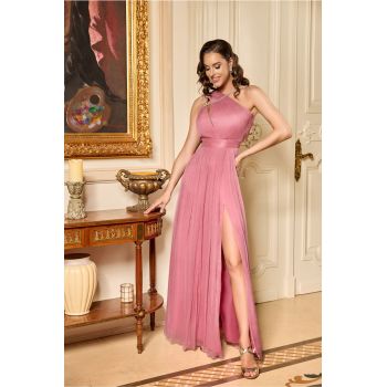Rochie Ginette roz lunga din matase naturala