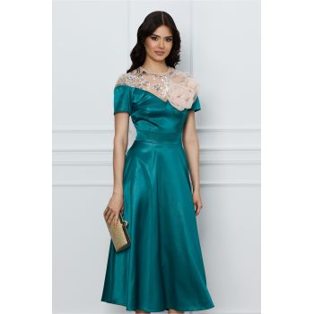 Rochie Moze turcoaz sidef cu flori bej la bust
