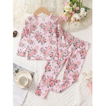 Set pijama cu imprimeu floral, bluza si pantaloni lungi, roz, fete, Shein ieftine