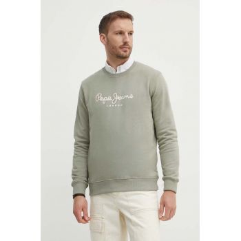 Pepe Jeans hanorac de bumbac SAUL CREW barbati, culoarea verde, cu imprimeu, PM582702