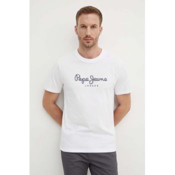 Pepe Jeans tricou din bumbac ABEL barbati, culoarea alb, cu imprimeu, PM509428