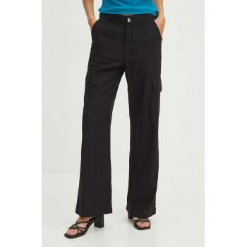 Medicine pantaloni din in femei, culoarea negru, lat, high waist