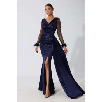Rochie de ocazie din licra satinat cu strass-uri pe maneci Isaura Bleumarin