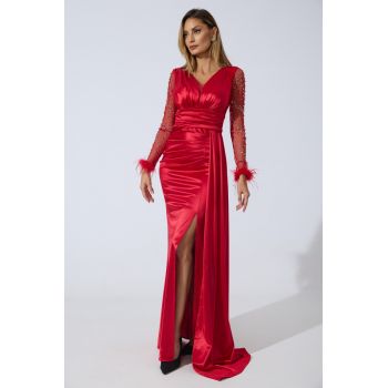 Rochie de ocazie din licra satinat cu strass-uri pe maneci Isaura Rosie