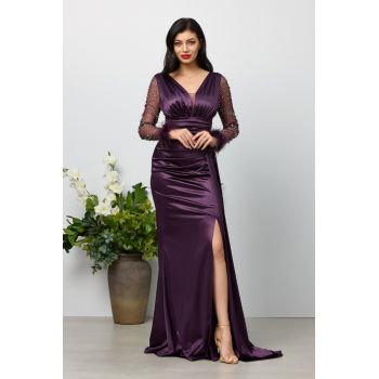 Rochie de ocazie din licra satinat cu strass-uri pe maneci Isaura Violet