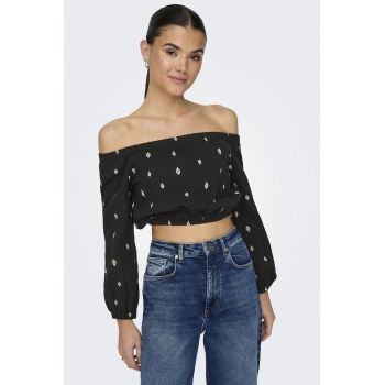 Bluza crop de bumbac organic cu model si decolteu pe umeri