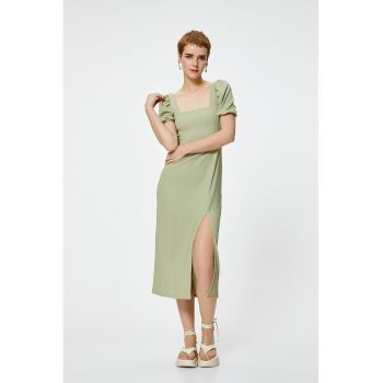Rochie midi cu decolteu patrat si slit frontal