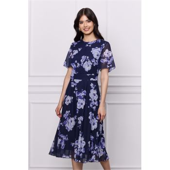 Rochie DY Fashion bleumarin din voal cu imprimeuri florale bleu