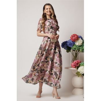 Rochie DY Fashion eleganta din voal bej cu imprimeuri florale roz si fir lurex