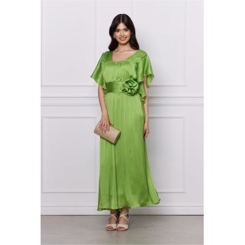 Rochie Moze verde din satin cu floare in talie