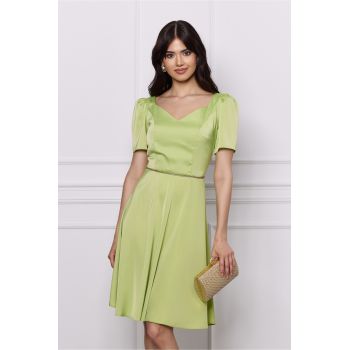 Rochie Moze verde lime din satin cu strasuri in talie