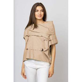 Bluza bej asimetrica, extravaganta, din bumbac satinat
