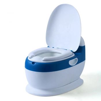 Olita pentru copii Little Mom Blue Toilet, model educativ si muzical, cu design realist, colac moale din spuma PU, capac rabatabil si vas colector detasabil, dimensiune 40 x 28 x 30 cm
