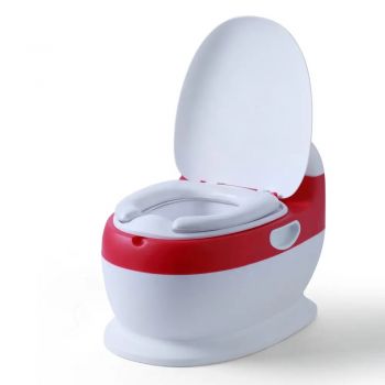 Olita pentru copii Little Mom Red Toilet, model educativ si muzical, cu design realist, colac moale din spuma PU, capac rabatabil si vas colector detasabil, dimensiune 40 x 28 x 30 cm