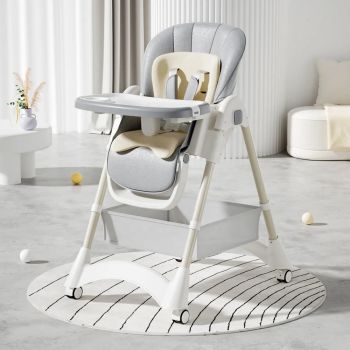 Scaun de masa pliabil pentru bebelusi Little Mom Grey, cu reductor dublu, varsta 6-36 luni, spatar reglabil in 4 unghiuri distincte, cu roti si cos pentru accesorii, inaltime ajustabila, centura de siguranta 5 Puncte