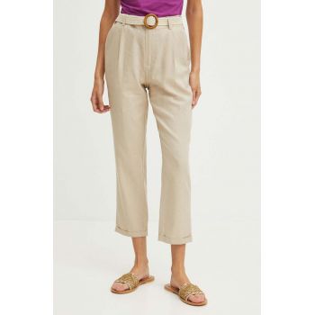 Medicine pantaloni din in culoarea bej, fason chinos, high waist