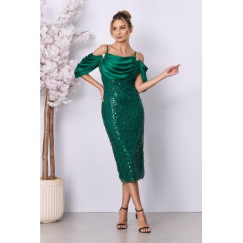 Rochie de ocazie din tull cu paiete si volan din satin Solle Verde