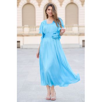 Rochie Moze bleu din satin cu floare in talie