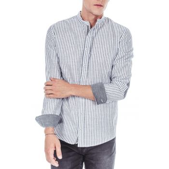 Camasa de bumbac cu model in dungi si guler Mao ieftina