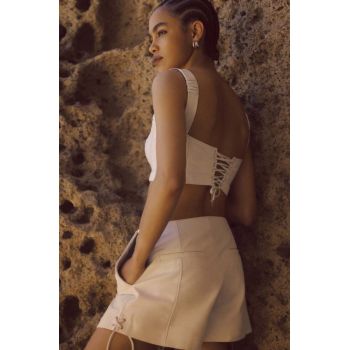 Answear Lab pantaloni scurti de piele femei, culoarea alb, neted, high waist