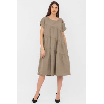 Rochie din poplin satinat cu volane oblice, bej inchis