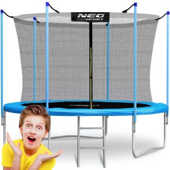 Trambulina de gradina pentru copii Neo-Sport Albastru 183cm 6FT cu Scara, Plasa interioara, Stalpi metalici cu protectie din burete, Intrare cu fermoar si catarama, Covoras impermeabil flexibil