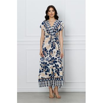 Rochie Daria ivory cu imprimeuri bleumarin si cordon in talie