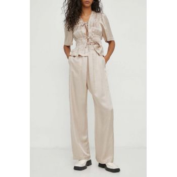 MUNTHE pantaloni din amestec de in culoarea bej, lat, high waist