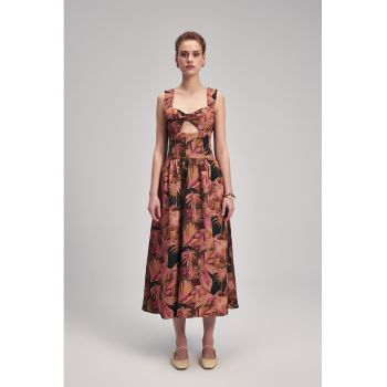 Rochie midi din amestec de in cu model floral - funda si decupaj