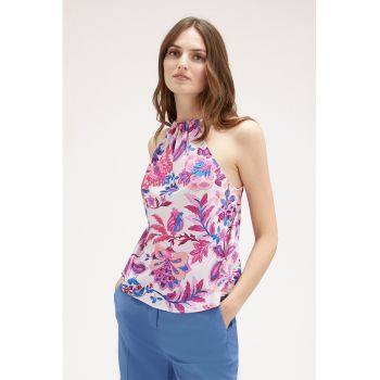 Bluza fara maneci cu model floral si decolteu halter