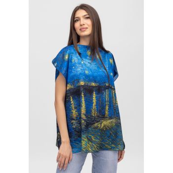 Bluza de vara tip poncho din matase cu reproducere dupa    Noapte Instelata deasupra Rhonului   de Claude Monet
