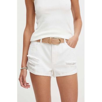 Medicine pantaloni scurti jeans femei, culoarea alb, neted, high waist