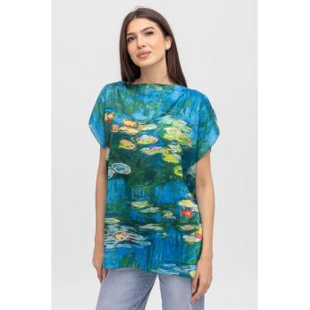Bluza de vara tip poncho din matase cu imprimeu reproducere dupa    Nuferii   de Claude Monet