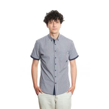 Camasa slim fit in carouri cu guler fixat cu nasturi