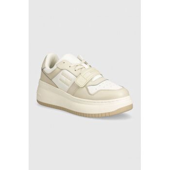 Tommy Jeans sneakers TJW RETRO BASKET FLATFORM VELCRO culoarea bej, EN0EN02573