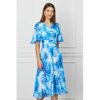 Rochie Alina albastra cu trandafiri