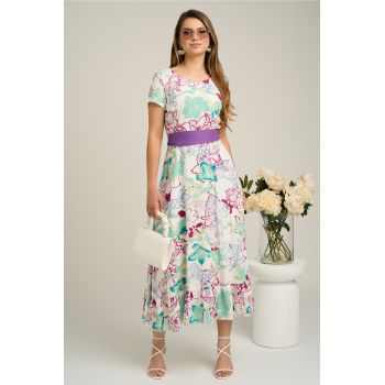 Rochie din viscoza alba cu imprimeu floral mov si cordon in talie