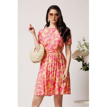 Rochie DY Fashion din viscoza roz cu imprimeu galben si cordon in talie