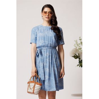 Rochie DY Fashion din visocza bleu cu imprimeu floral alb si cordon in talie
