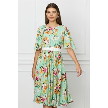 Rochie Dy Fashion vernil cu imprimeu floral orange si curea in talie