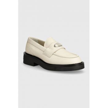 Tommy Jeans mocasini de piele TJW FLAT LOAFER femei, culoarea bej, cu toc plat, EN0EN02557
