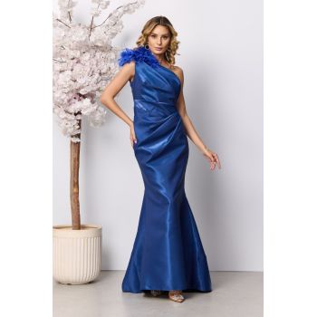Rochie de ocazie premium tip one shoulder din tafta cu pene Feeria Bleumarin